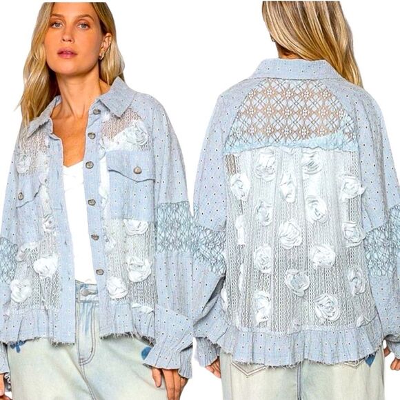 Pol Anthropologie LEAH Blue Eyelet Lace Pearl Flower Embellished Jacket - Picture 3 of 16